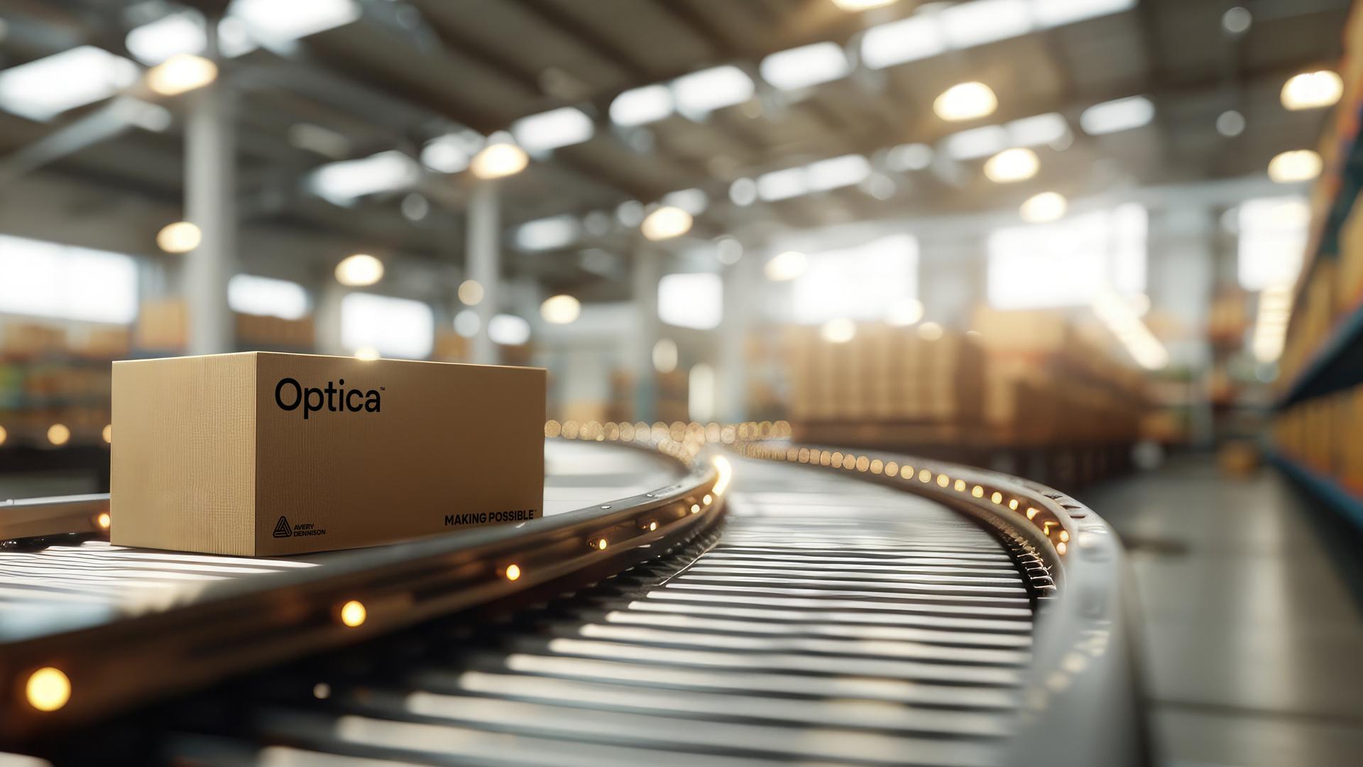 optica branded box on conveyor in a warehouse