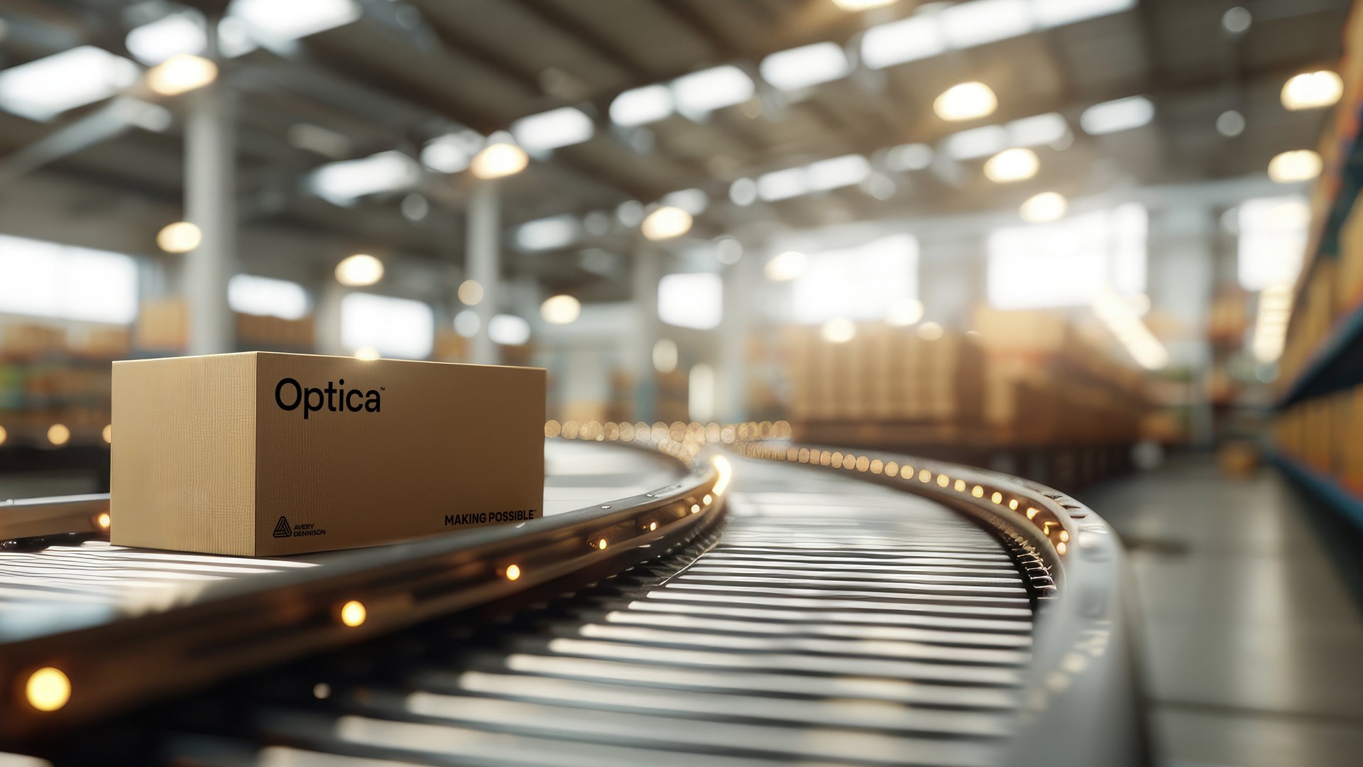 optica branded box on conveyor in a warehouse